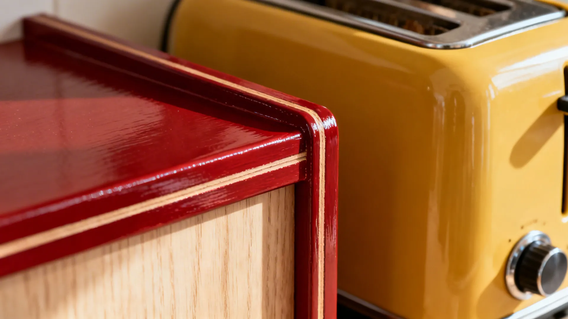 Macro of cherry-red semi-gloss shelf trim beside a mustard yellow toaster under soft light.