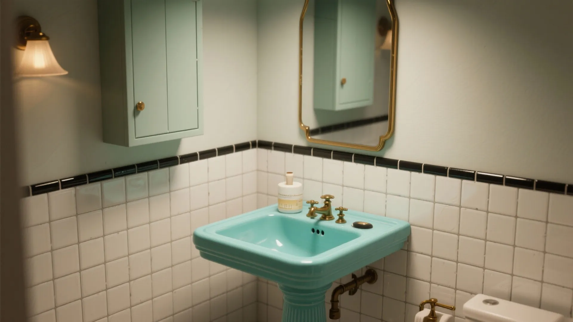Small bathroom with a retro turquoise pedestal sink against white hex tiles and a slim wall cabinet.