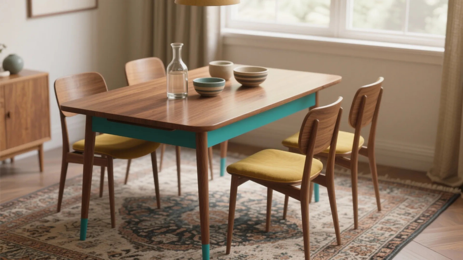 Mid century modern dining set with teal blue table frame and yellow fabric seat chairs