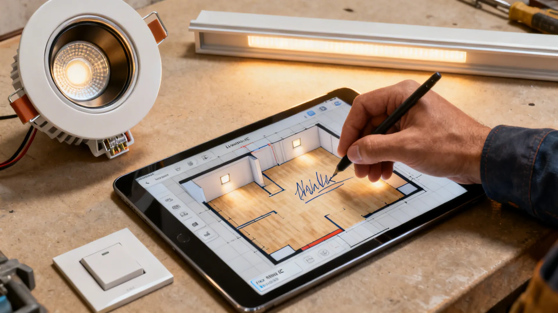 Remodel recessed housing, low-profile trim and a tablet showing a 3D floor planner lighting layout.