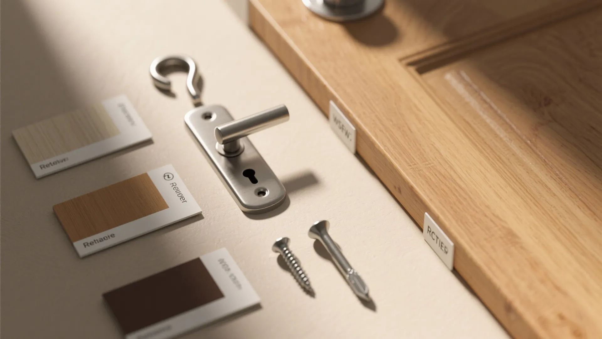 Door handle and screws on a table with wood samples next to a wooden door