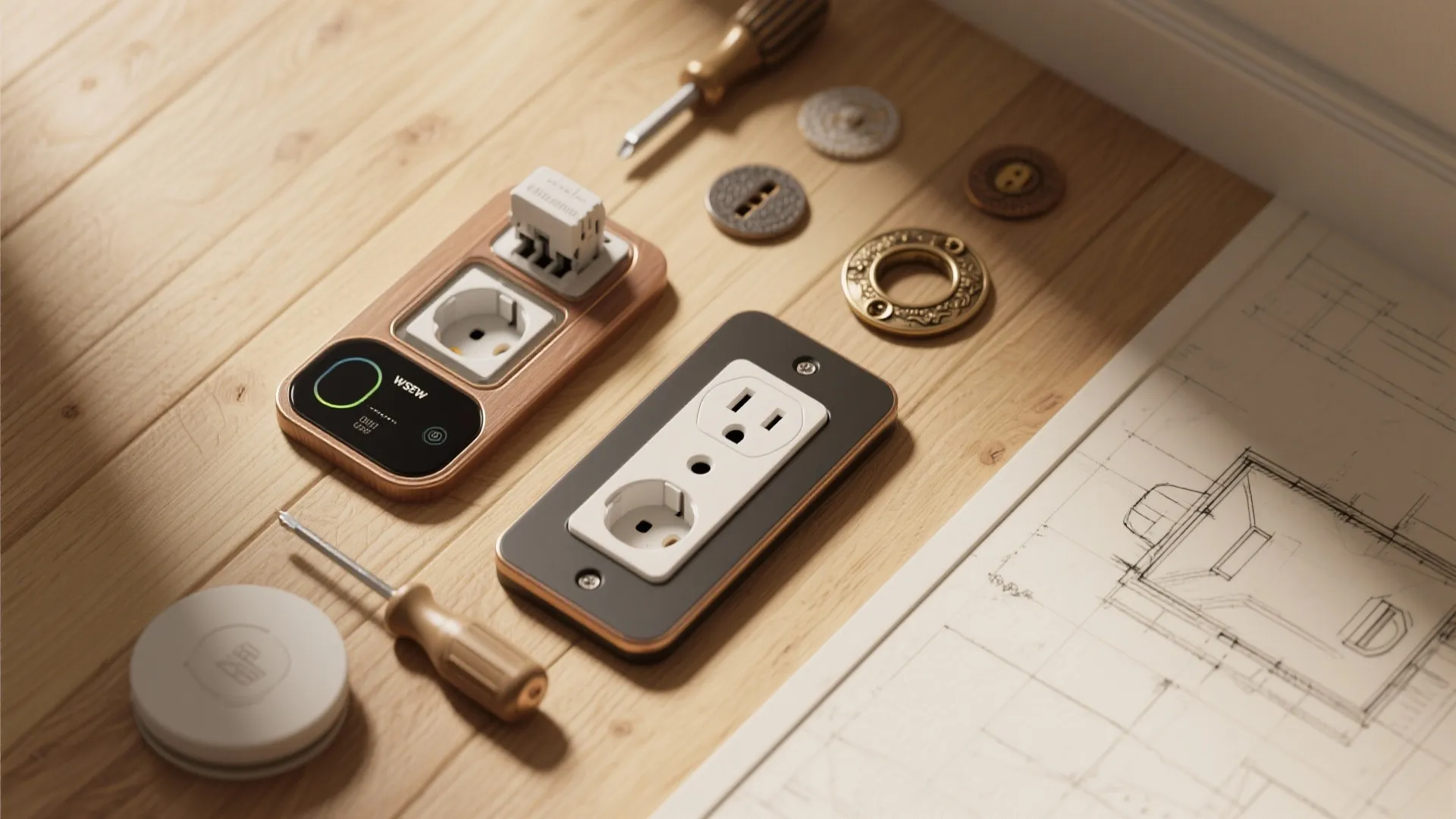 Top-down view of retrofit switch plates, smart outlet modules and tools on a wood surface.