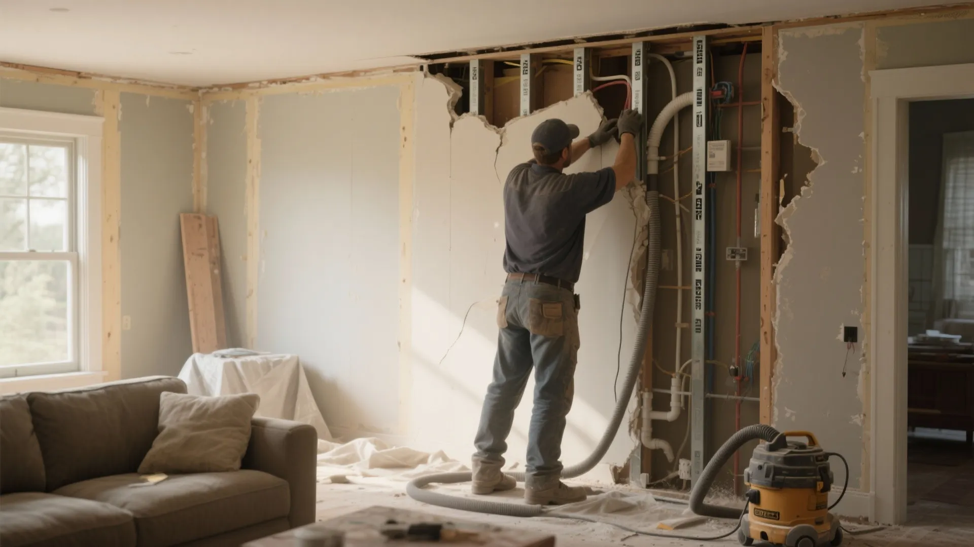 Worker repairing a wall in a room showing metal studs and a yellow vacuum on floor