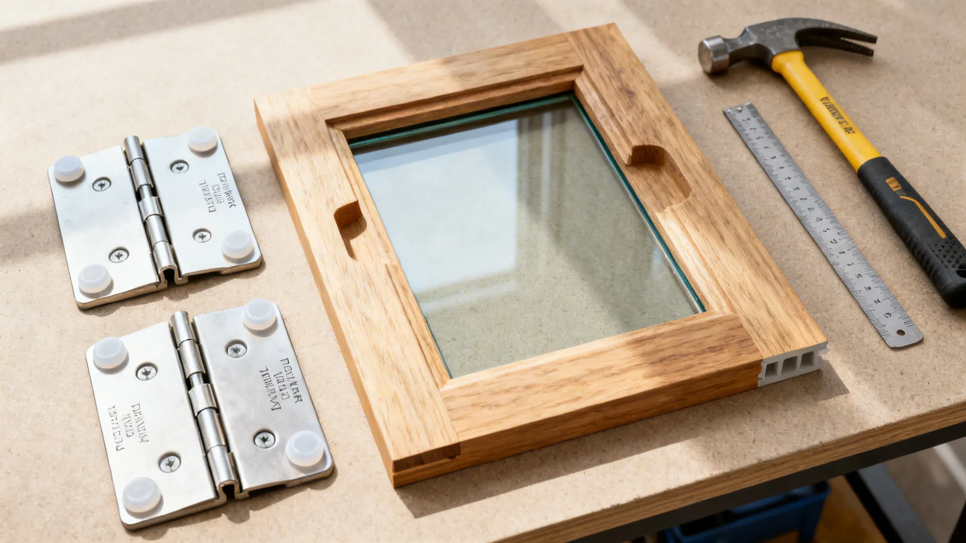 Top-down view of a routed door frame, tempered glass insert, stop bead, hinges, and bumpers.