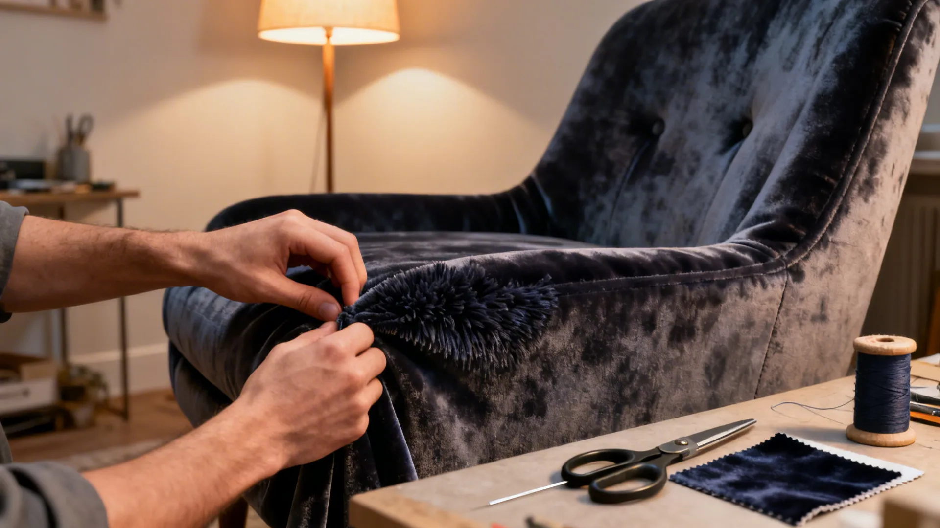 Accent chair being reupholstered in deep velvet with fabric swatches and tools.