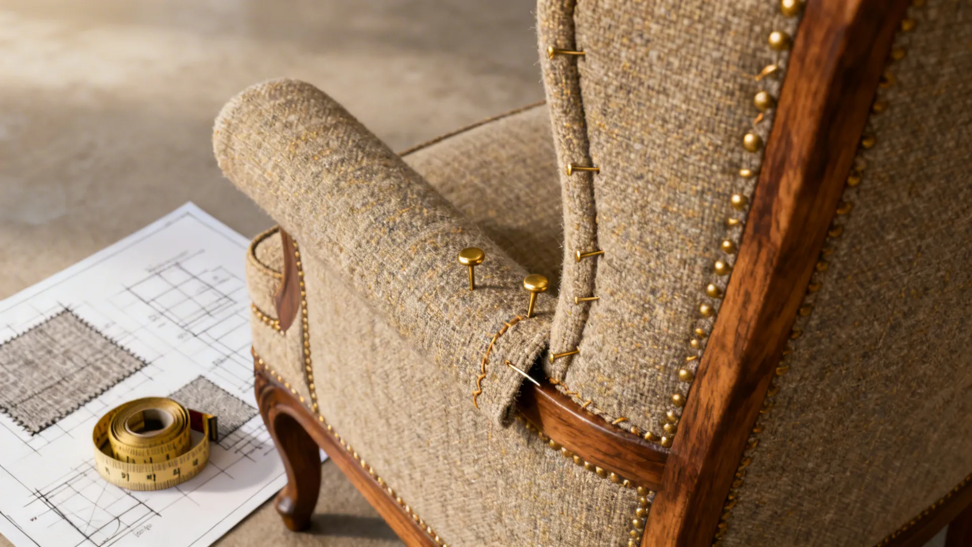 Reupholstery close-up showing durable fabric, measuring tape, and sketch for a wingback chair.