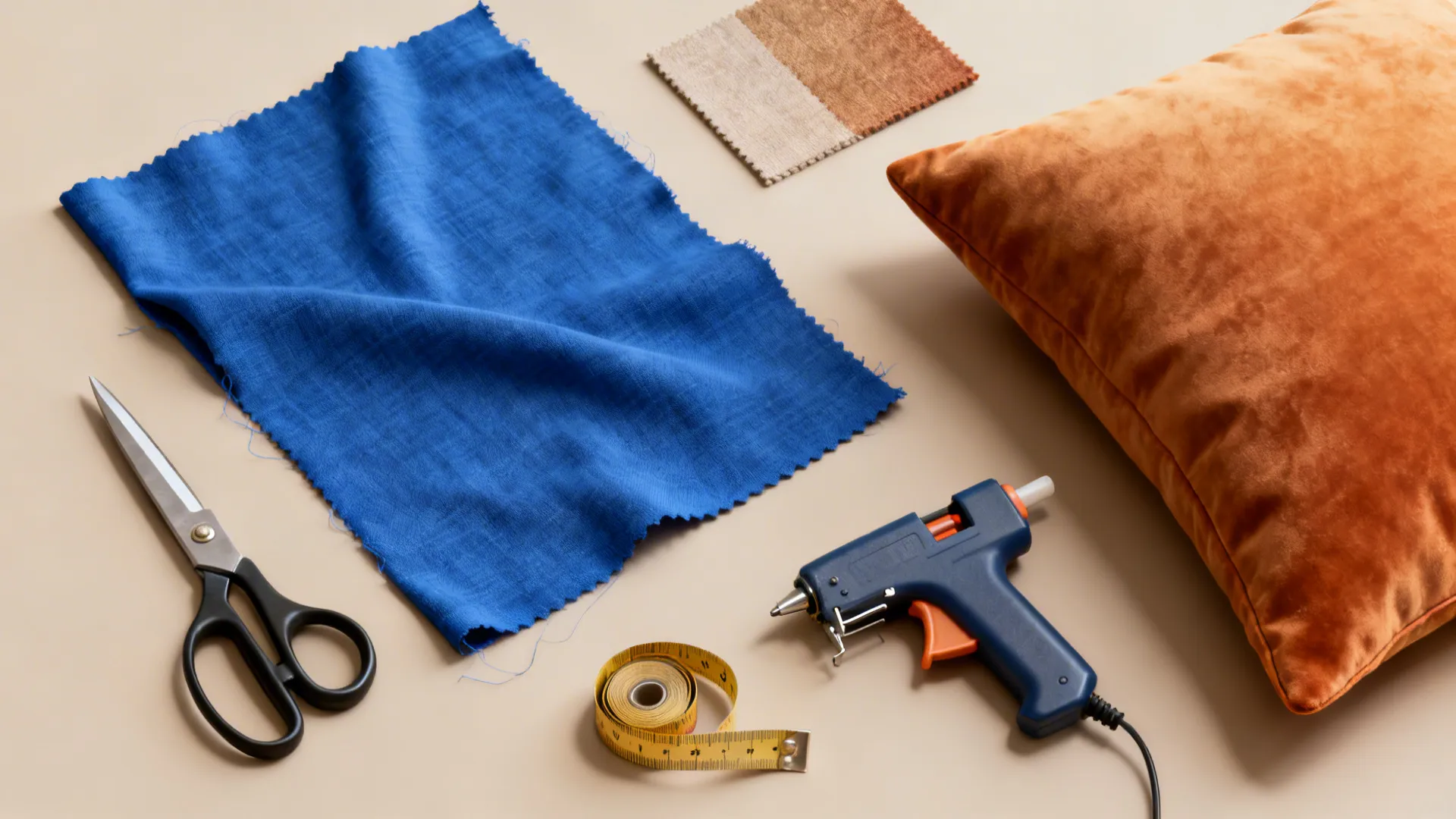Flatlay of DIY reupholstery tools and a bold blue fabric sample with a warm throw pillow.