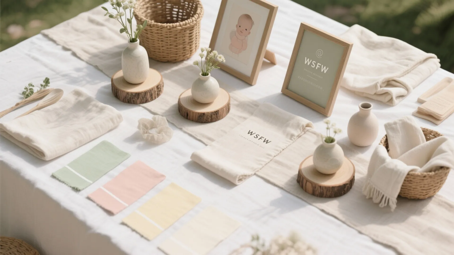 Event table setup with white cloth, wood coasters, small vases, picture frames, and color samples