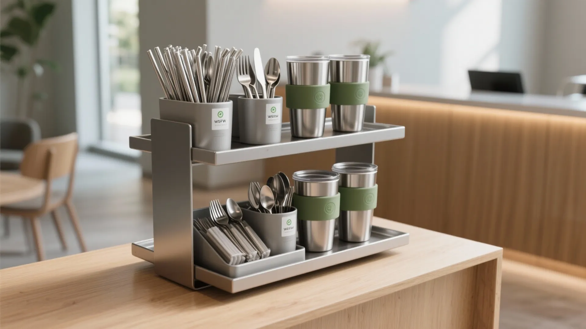 Two-tier metal rack holding stainless steel cups, reusable straws, and silverware on a wooden counter