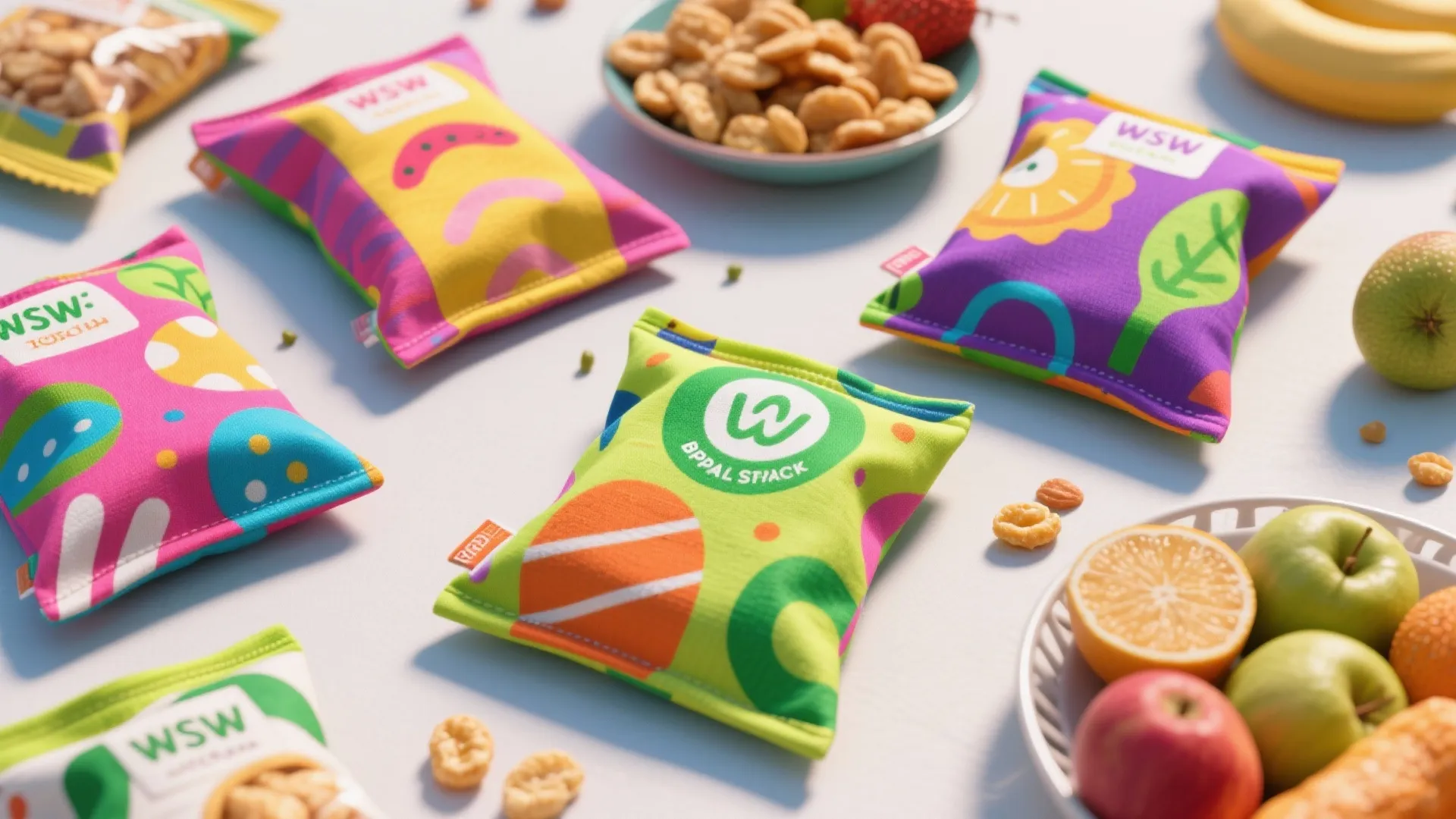 Colorful patterned fabric snack bags arranged on a white table with fresh fruit and bowls