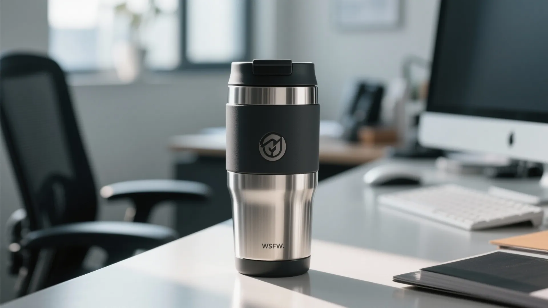 Stainless steel travel mug with black grip on a white desk inside a modern office