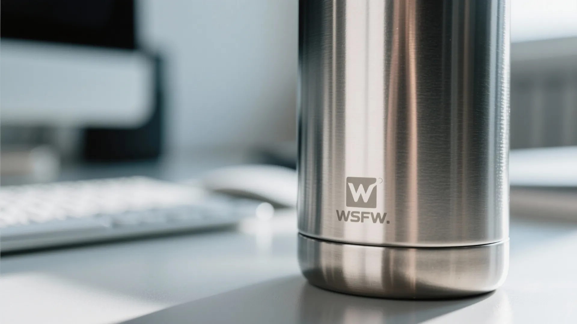 Silver metal water bottle with logo sitting on a white desk next to a computer keyboard