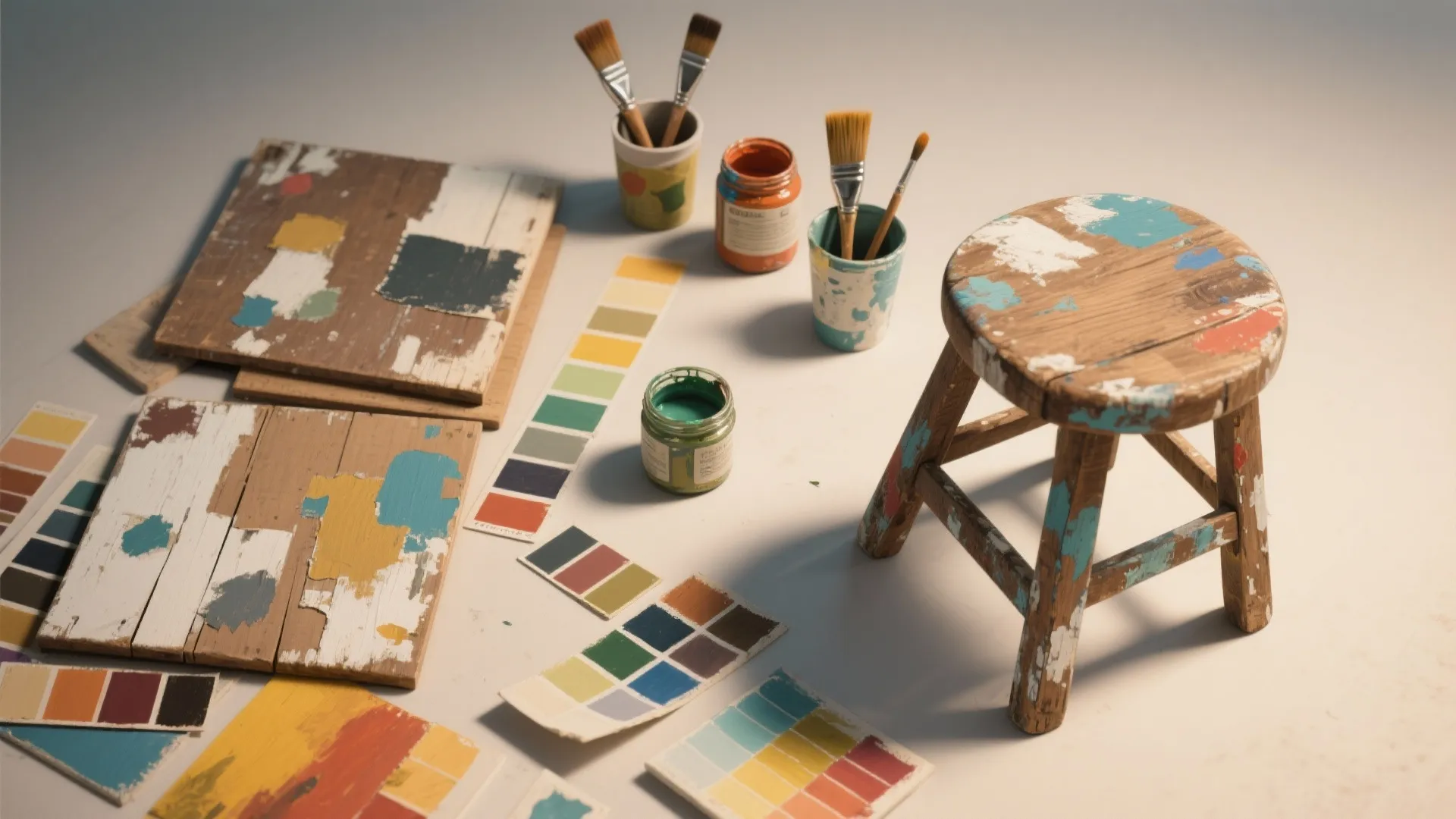 Flatlay of sample boards, thinned paint in jars, and distressed furniture showing creative reuse of borderline paint.