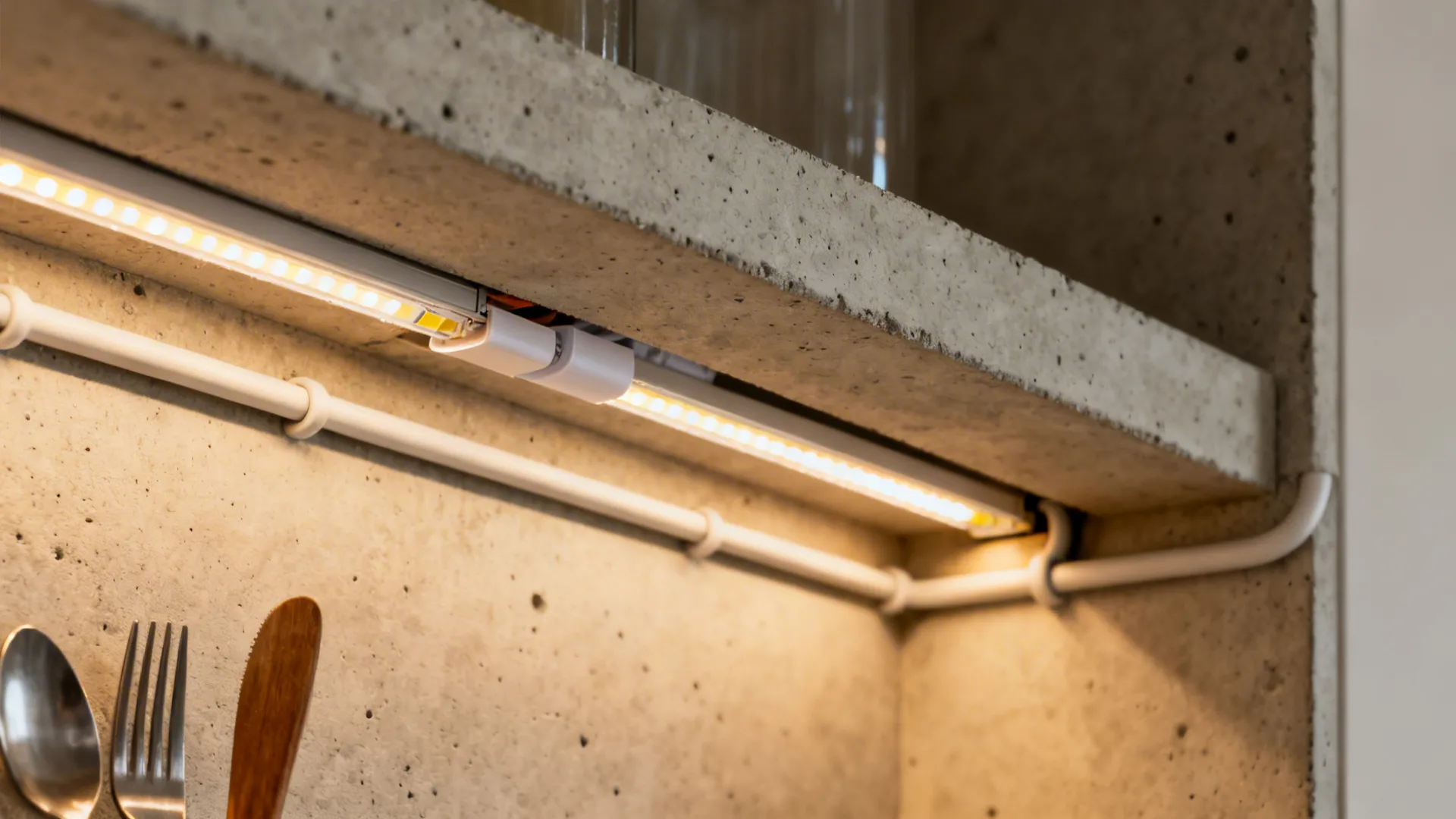 Ledge-and-reveal shelves with integrated lighting
