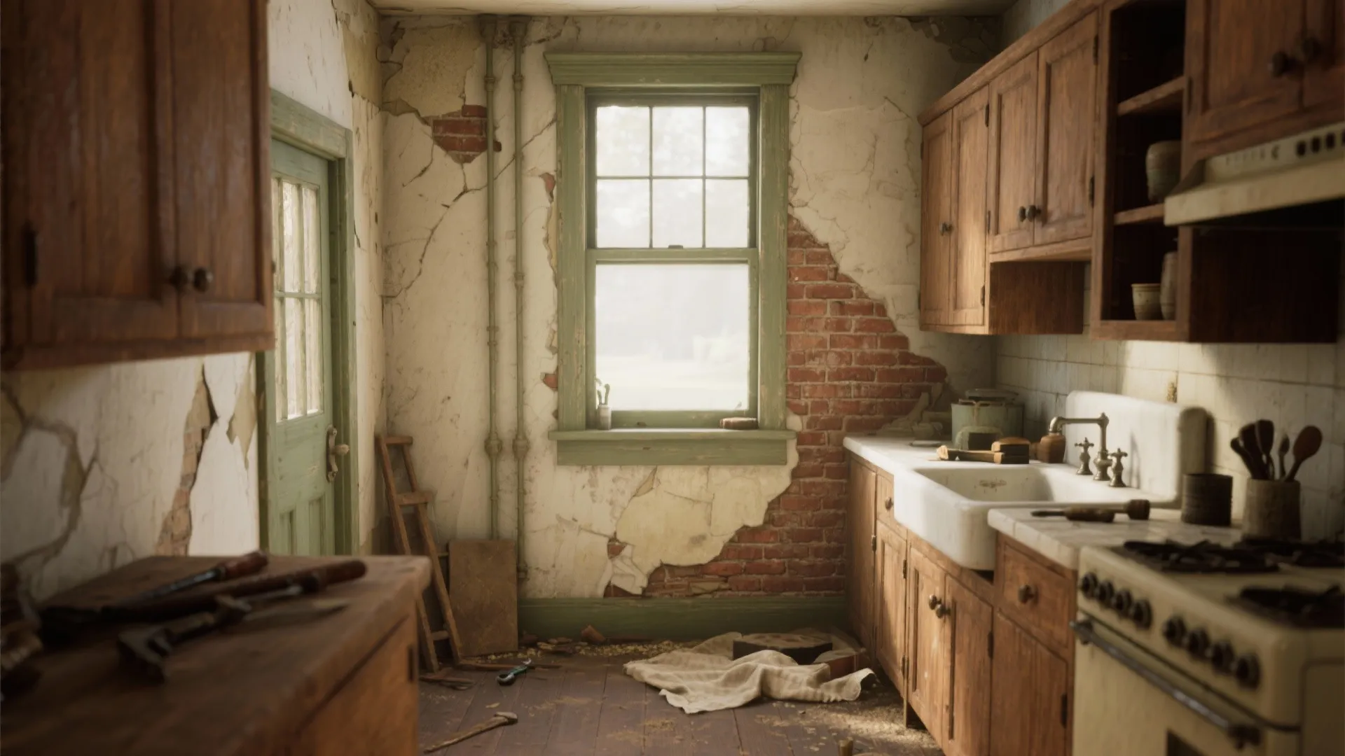 Old kitchen interior design showing wood cabinets, white sink, green window, and peeling plaster walls