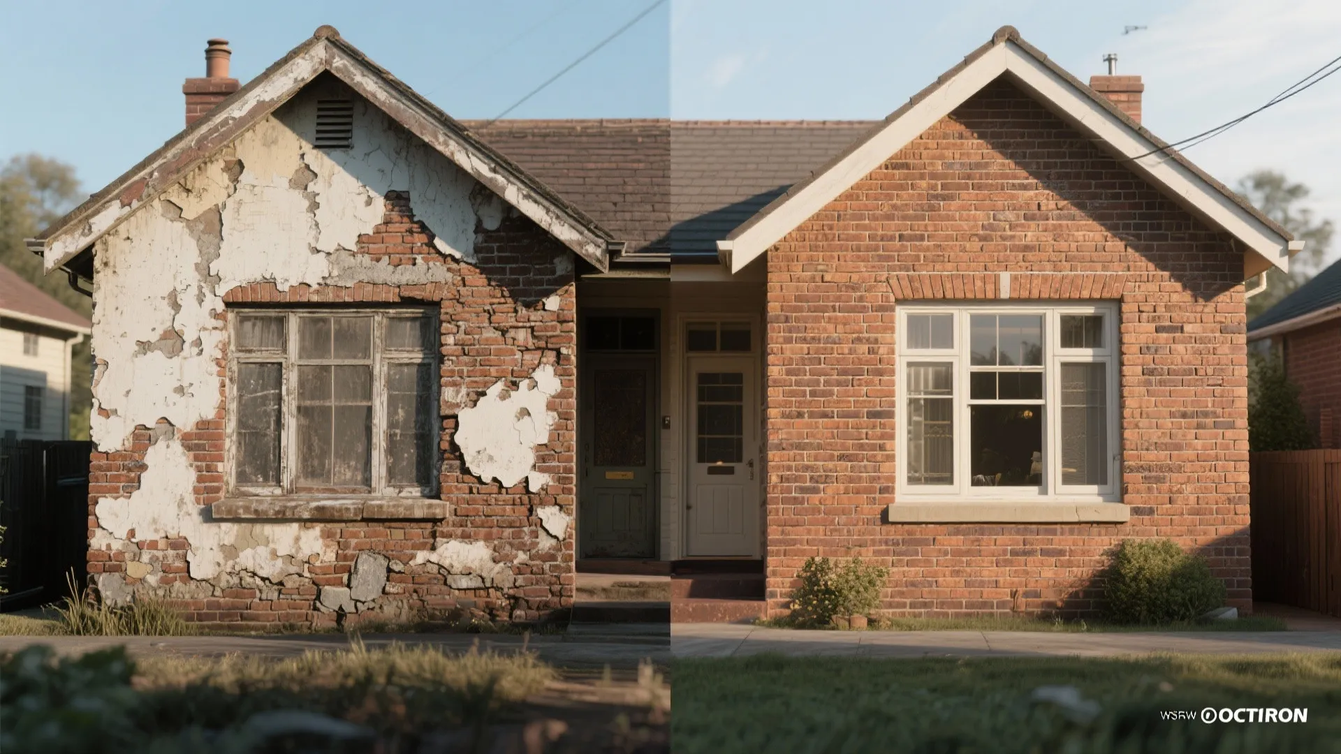 Before and after comparison of a house exterior showing old peeling paint and newly restored bricks