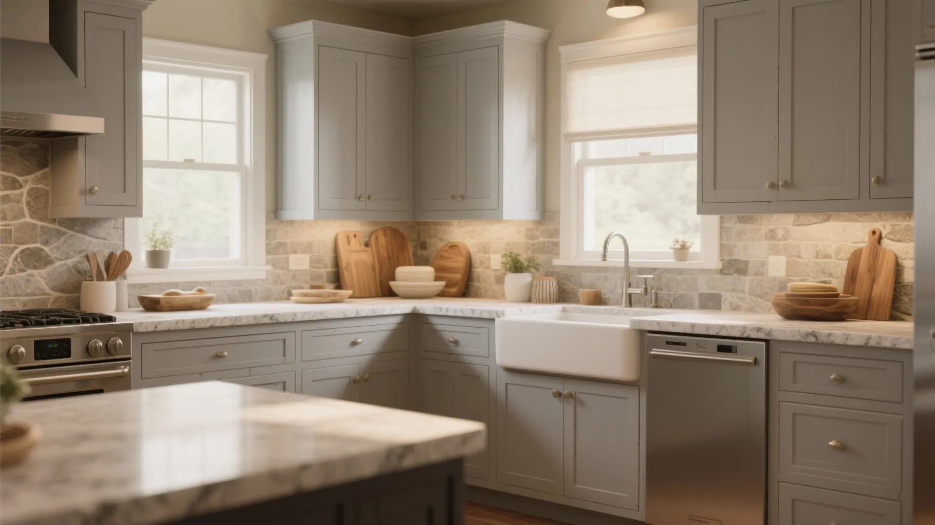 Classic kitchen featuring gray cabinets, white stone countertops, farmhouse sink, and many wooden cutting boards