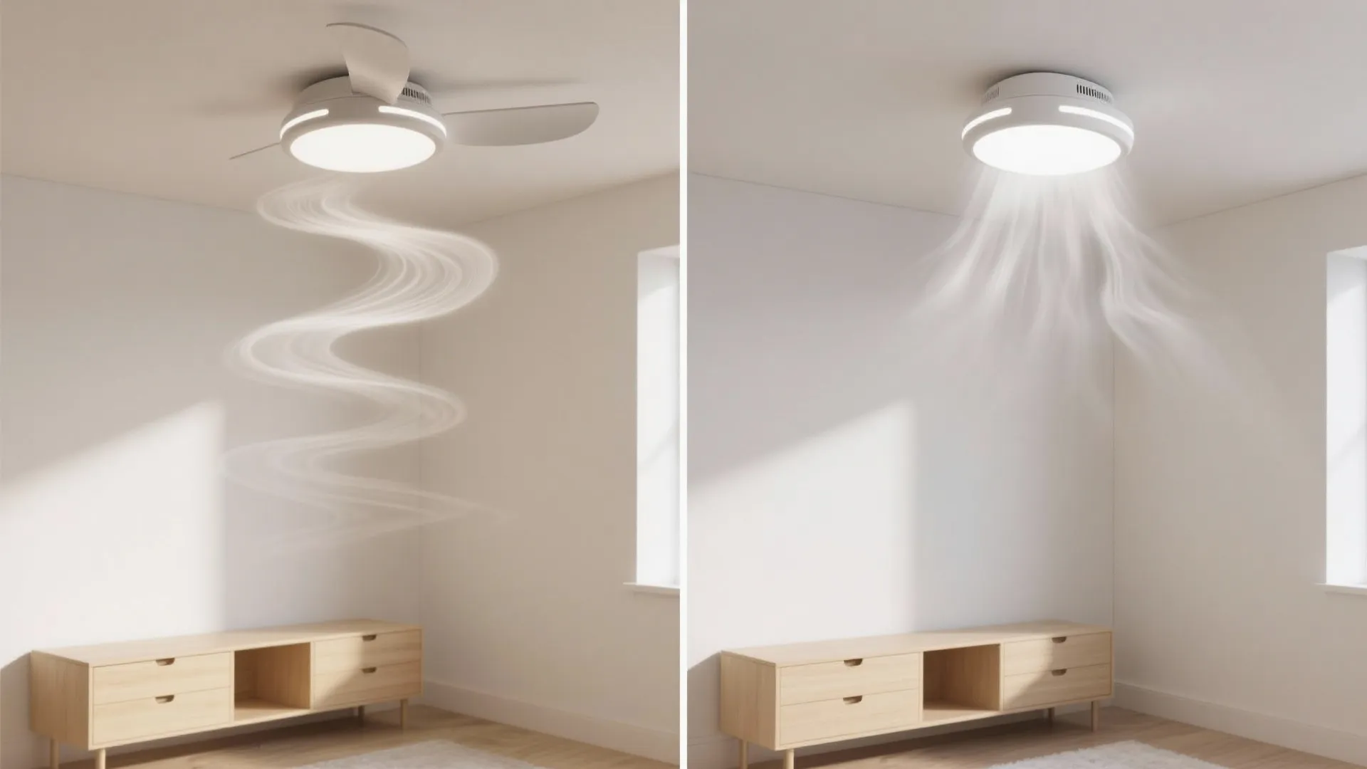 Side by side comparison showing upward and downward airflow from a ceiling light in room