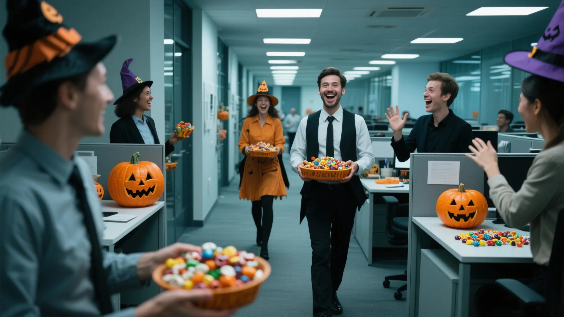 Office employees wearing hats and holding bowls of candy during a fun Halloween workplace celebration