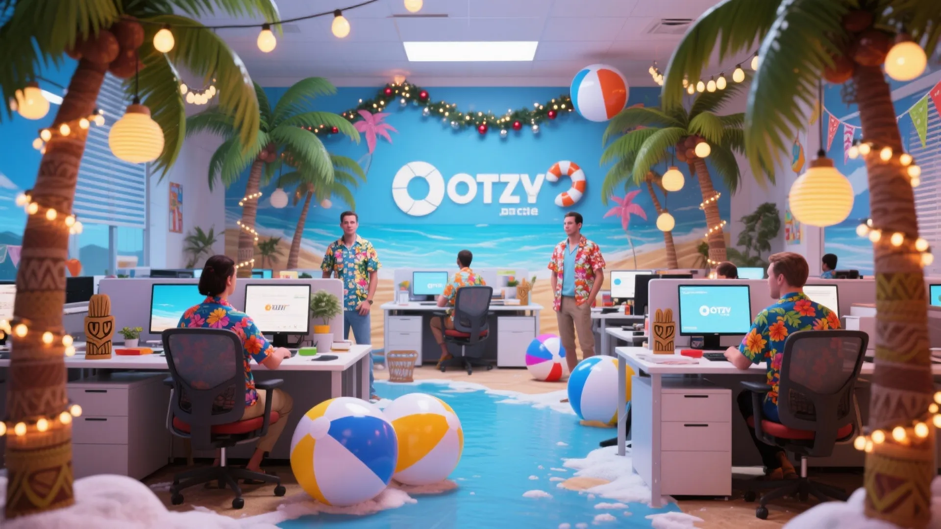 Office workspace decorated like a tropical beach with palm trees beach balls and summer shirts
