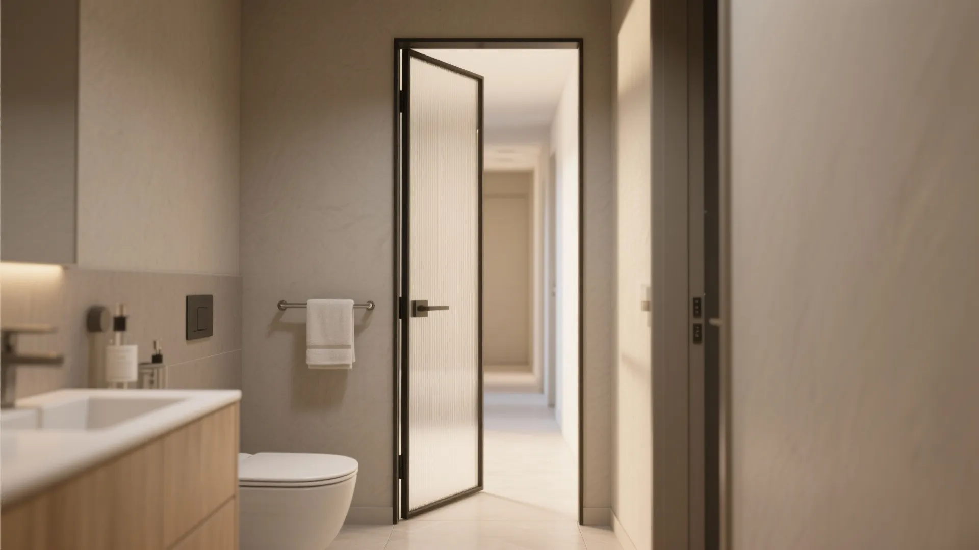 Modern bathroom with white sink wooden cabinet toilet and glass door leading to a hallway