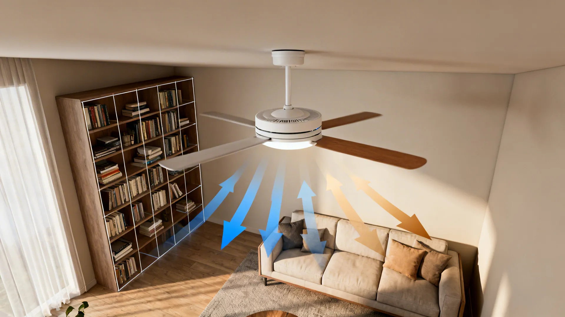 Top-down view illustrating summer and winter airflow patterns from a reversible ceiling fan in a small living room
