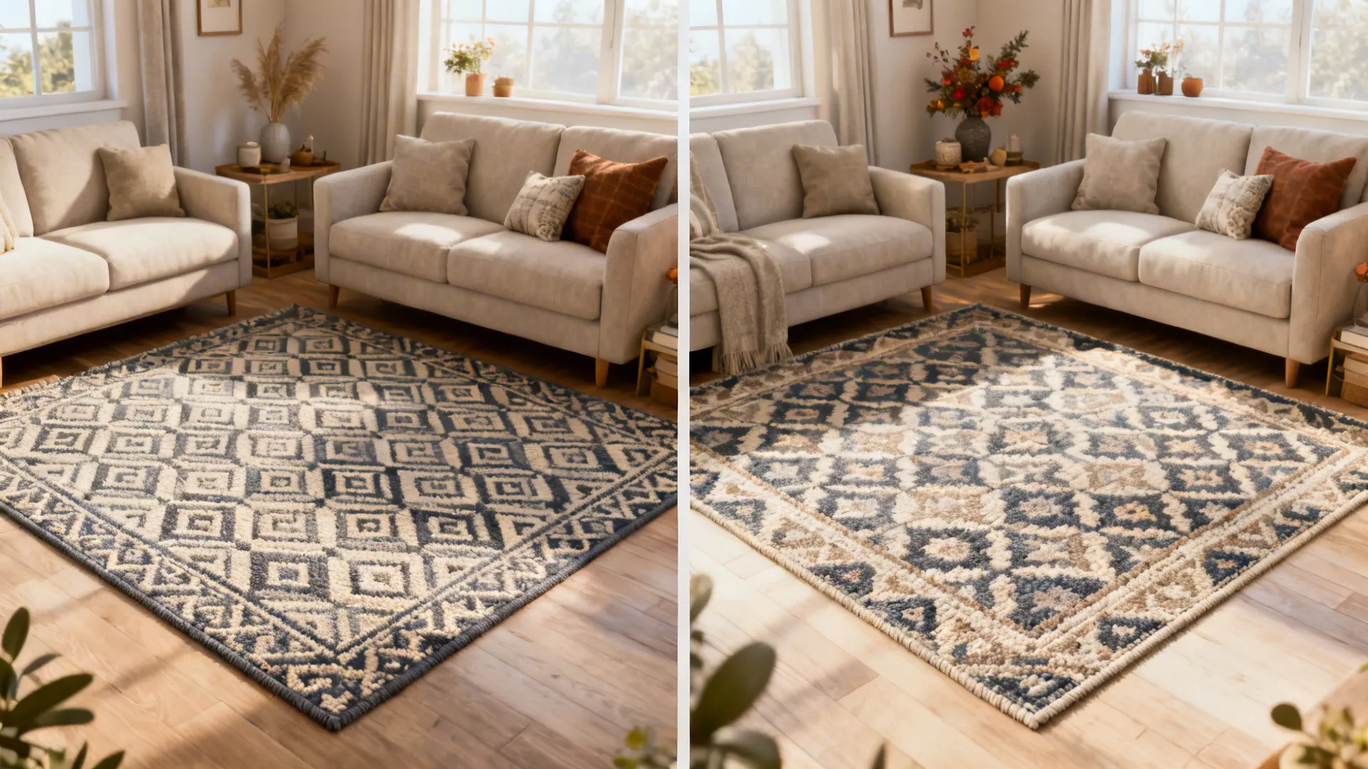 Split-view showing reversible rug with two patterns in the same small living room.