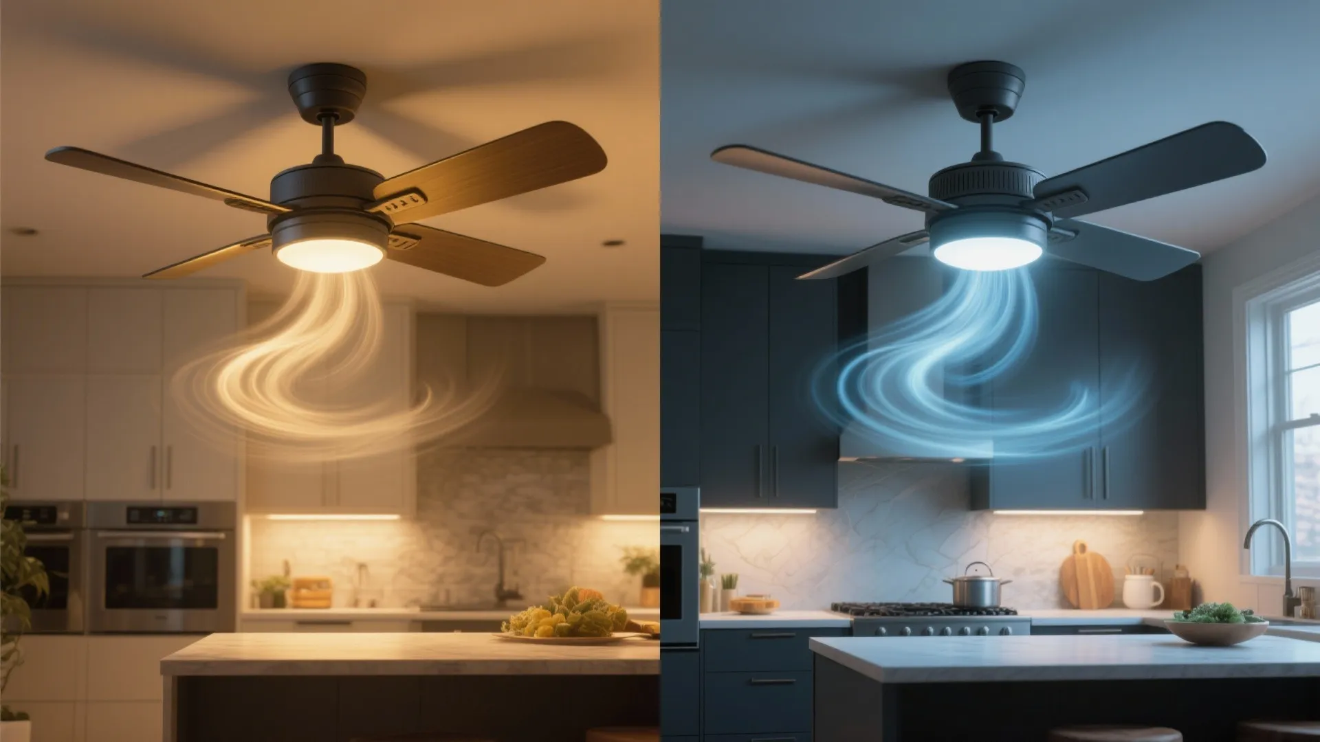 Comparison showing ceiling fan with warm light for winter and cool light for summer mode