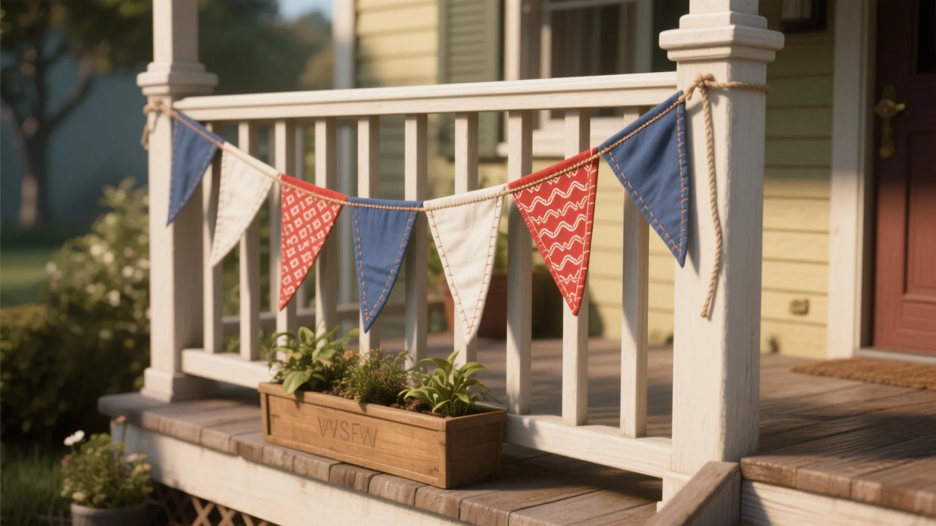 Red white and blue triangle flags hanging on a white wooden porch railing with plants