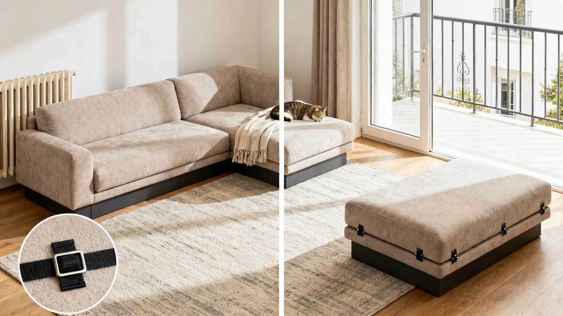 Beige modular sofa with a cat sleeping on a rug near a large balcony glass door