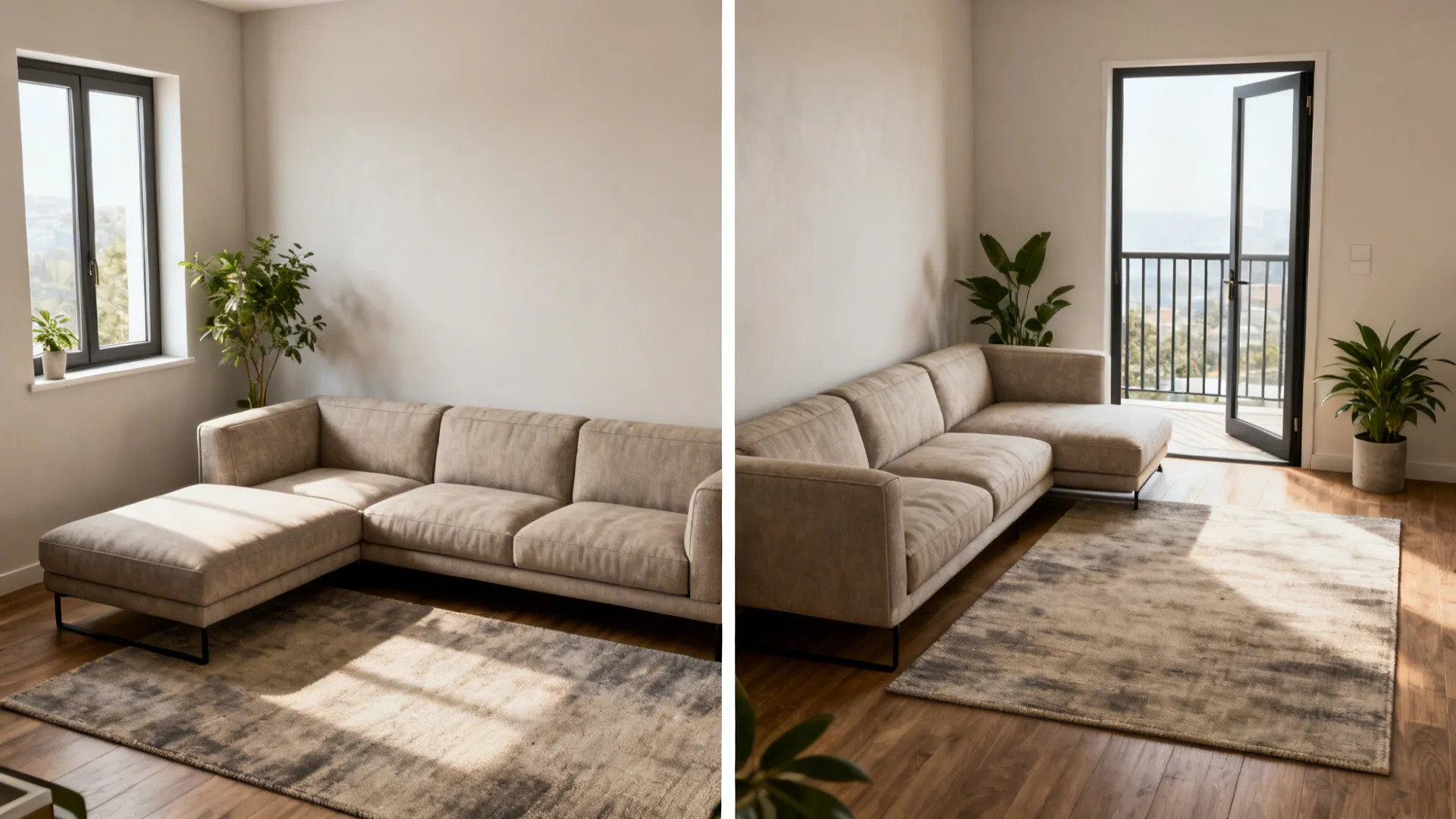 Before-and-after of reversible-chaise L sofa flipped to clear a door in a small room.