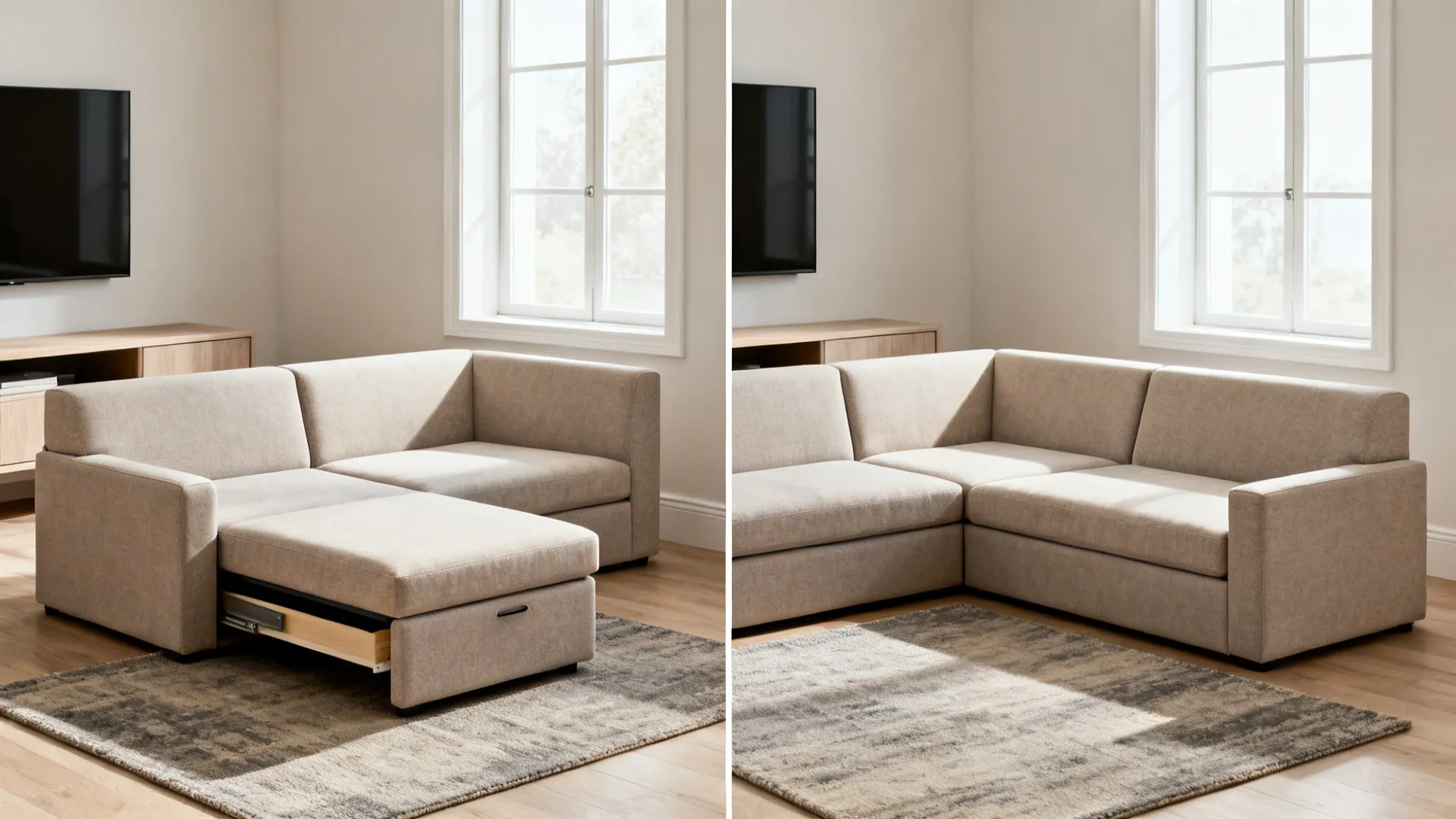 Before-after view of a reversible-chaise L-shaped sofa swapped from left to right.