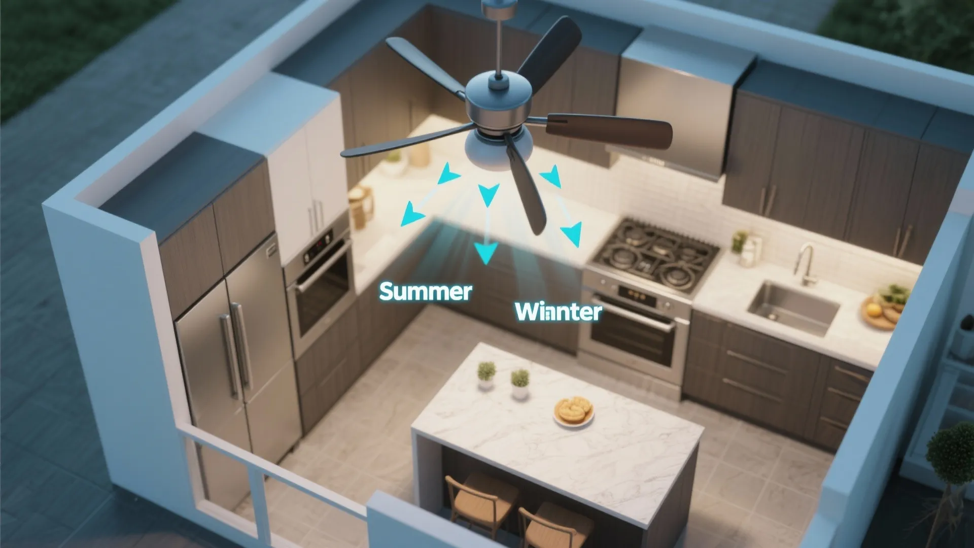 Top-down layout showing reversible ceiling fan airflow in kitchen