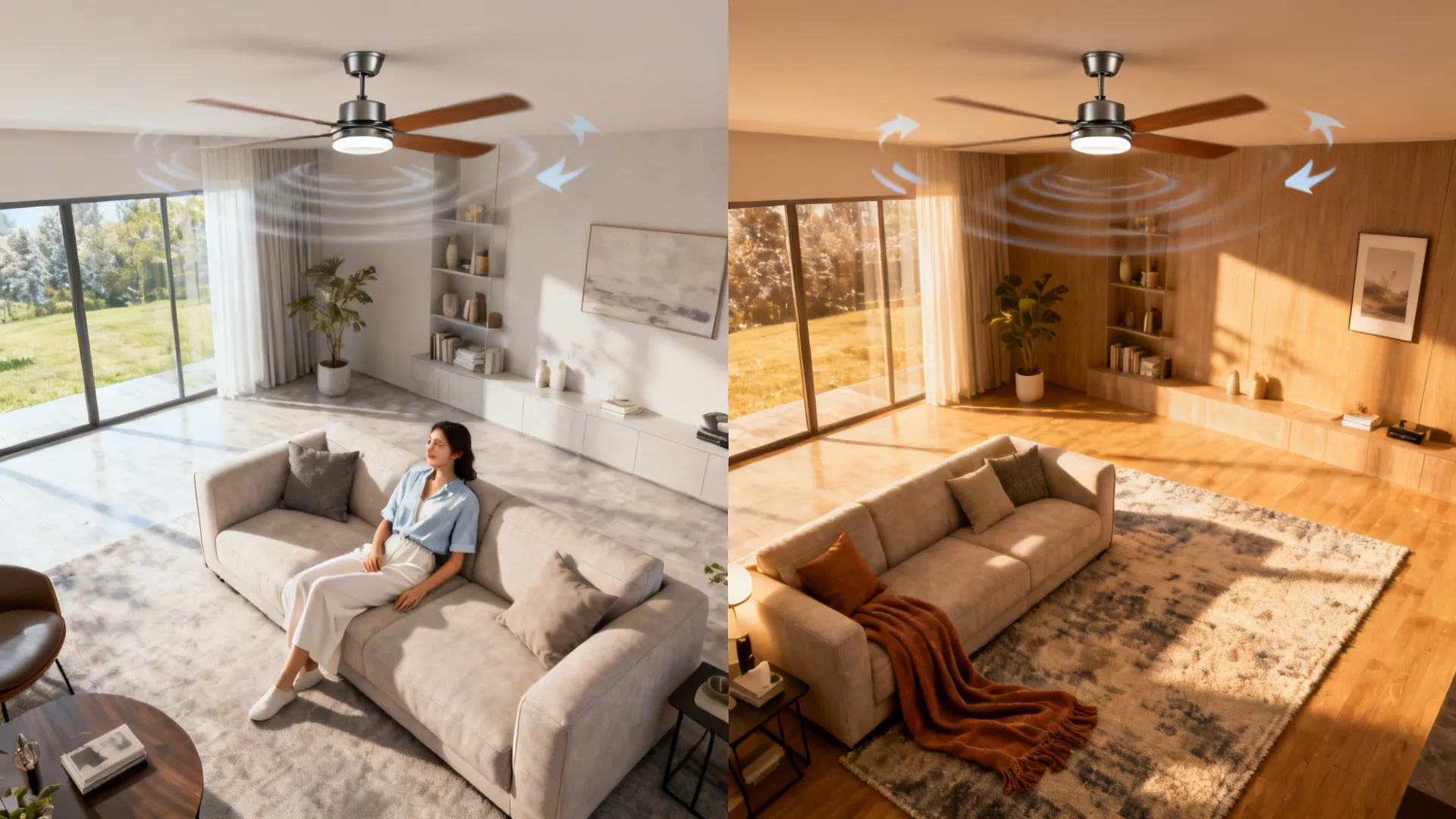 Living room demonstrating reversible ceiling fan modes with summer and winter layouts