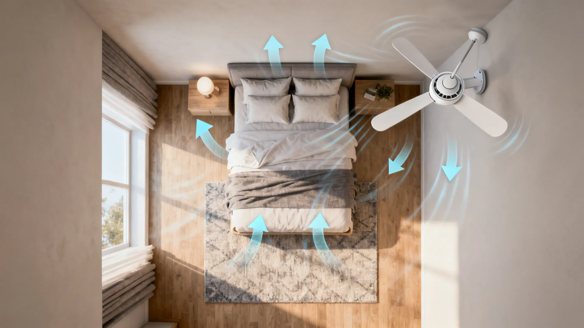 Top-down view of a small bedroom showing airflow patterns from a reversible motor ceiling fan in summer and winter modes.
