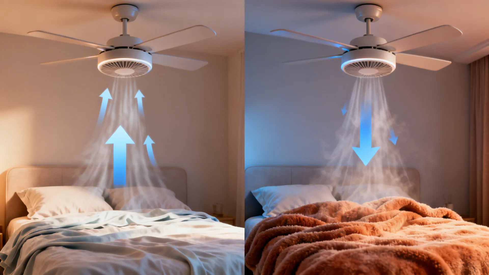 Split scene showing a reversible ceiling fan used in summer and winter modes in a small bedroom