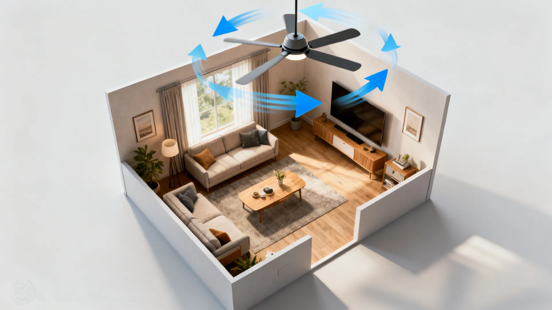 Top-down layout of a small living room showing reversible fan airflow directions for seasons