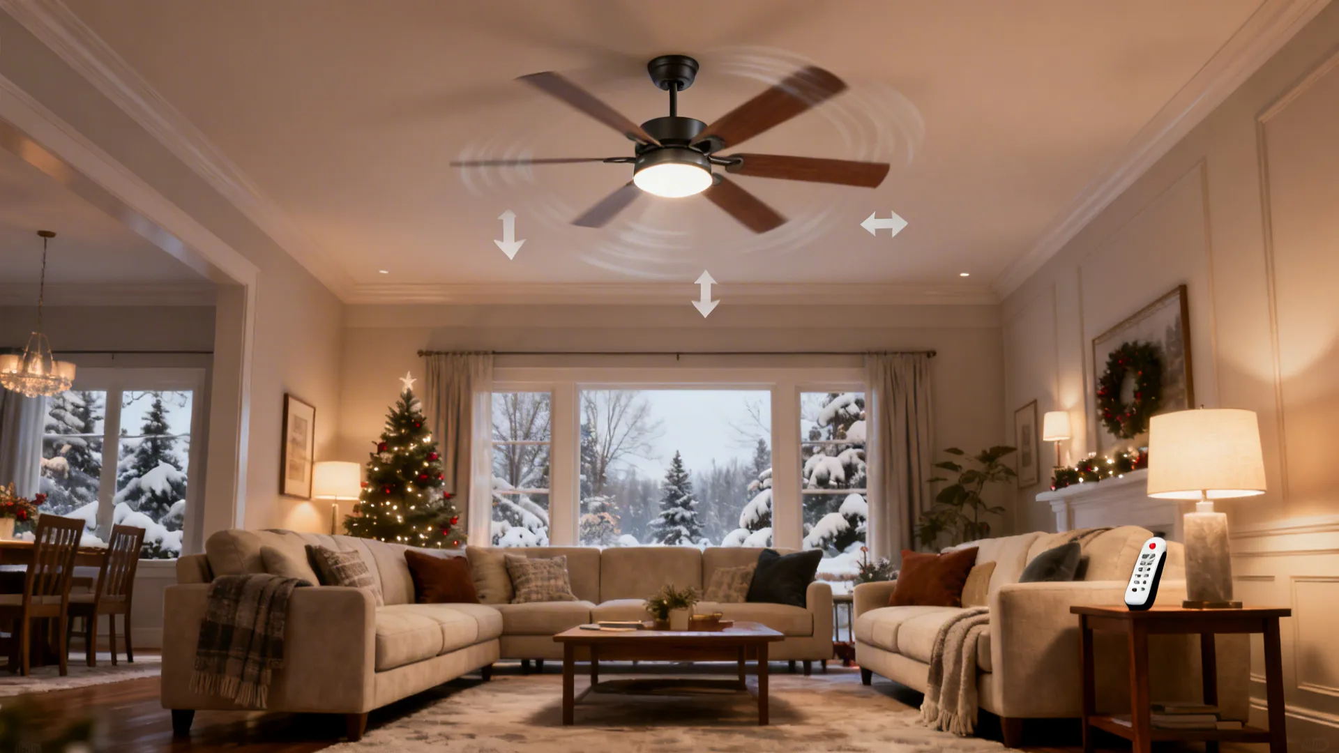 Warm living room with Christmas tree large sofa and ceiling light fan showing winter airflow