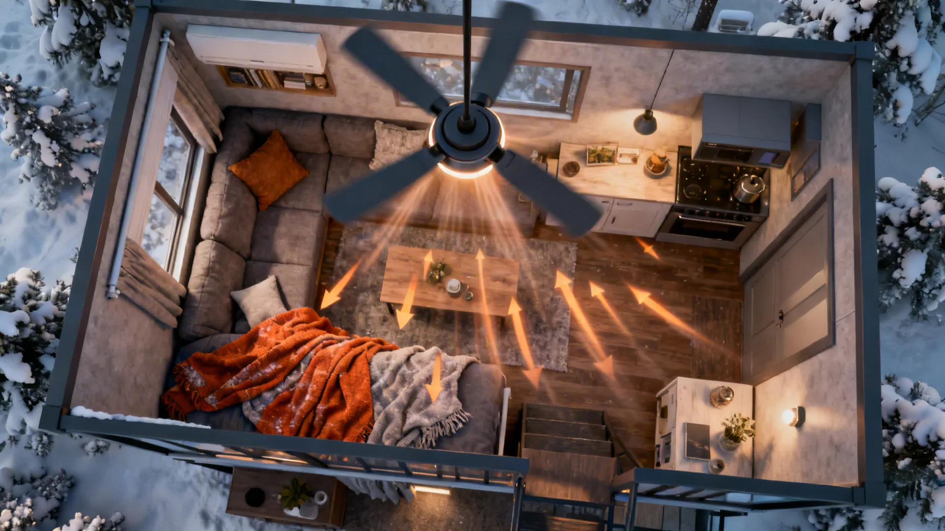 Top-down view of a micro-loft with a reversible ceiling fan pushing warm air downward in winter.