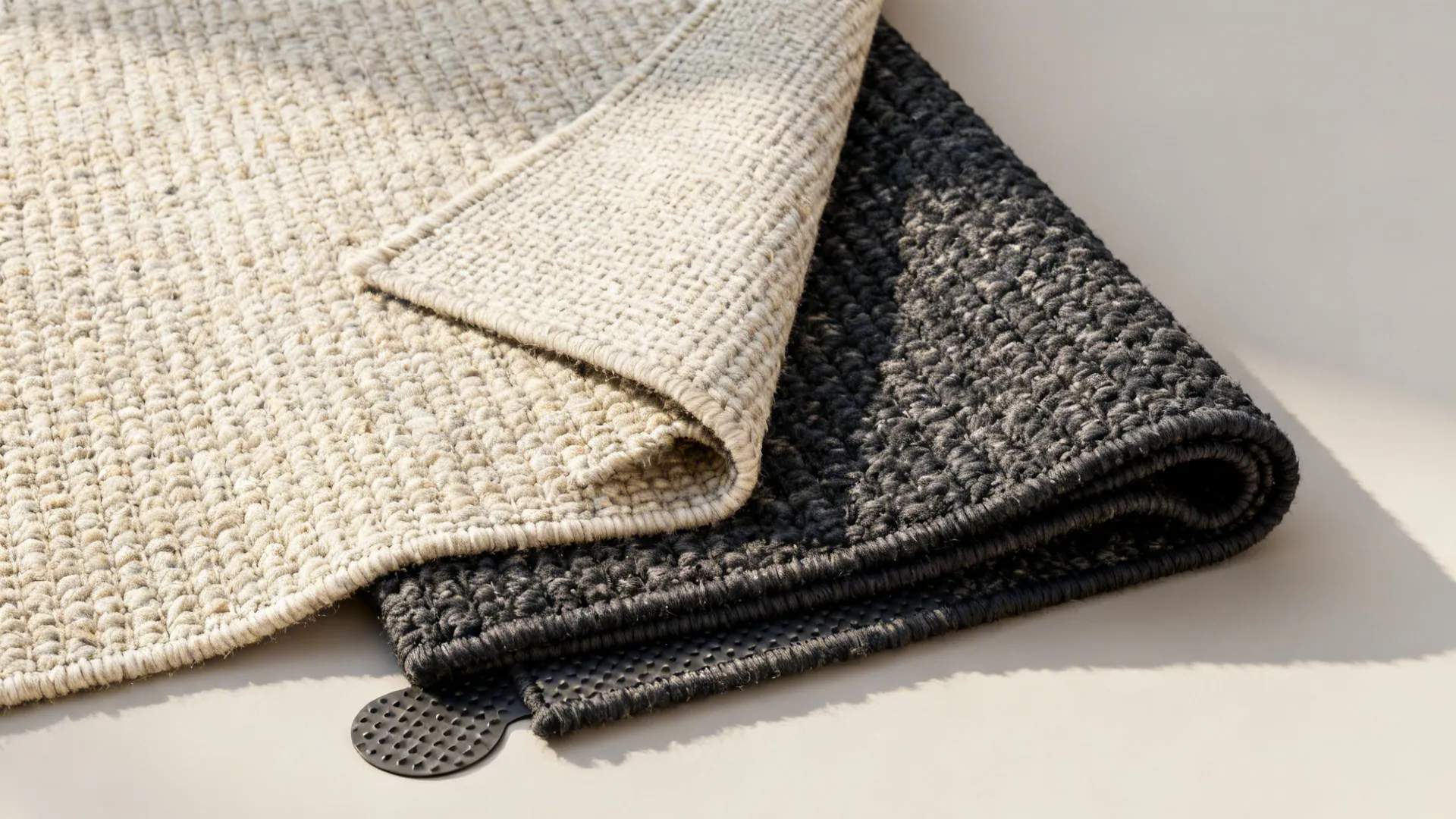 Top-down view of a reversible flatweave rug showing a light and dark side for seasonal styling.