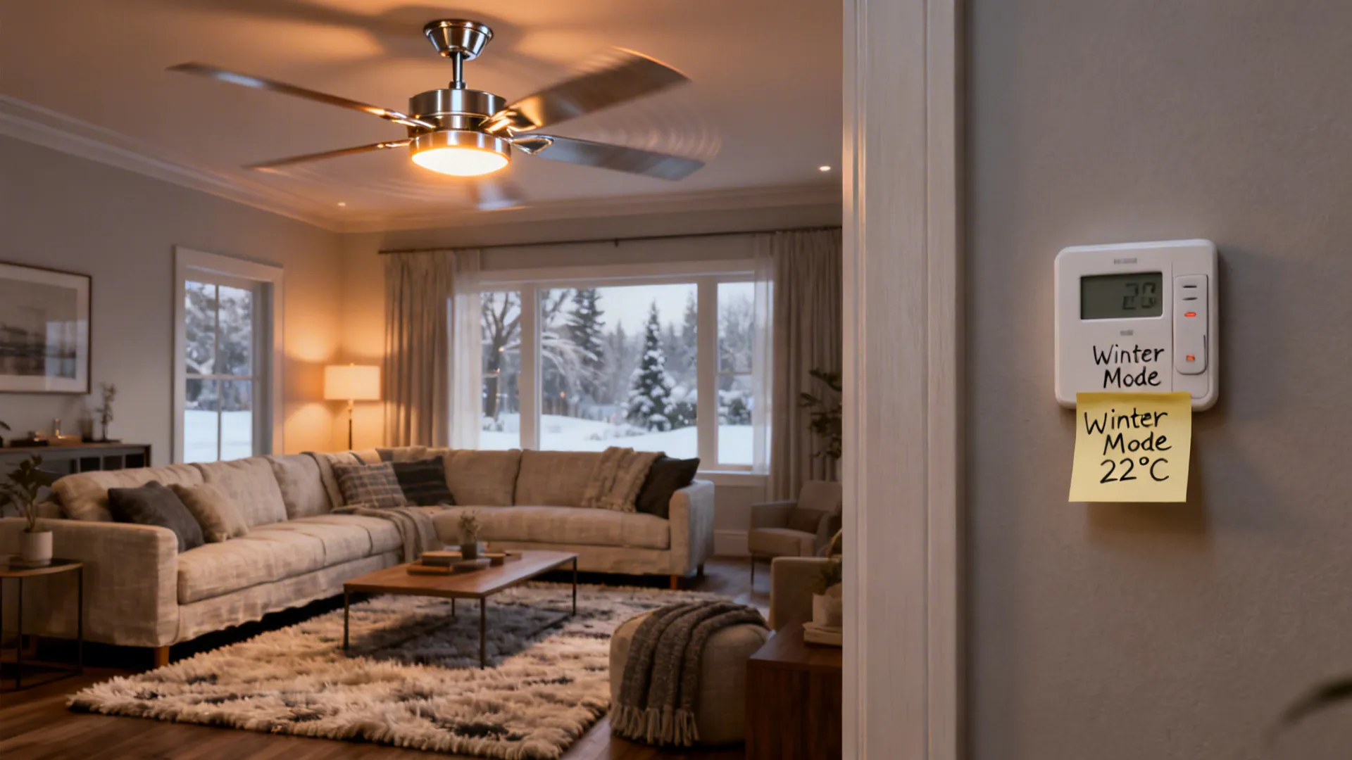 Ceiling fan spinning in a living room with a wall thermostat set to winter mode