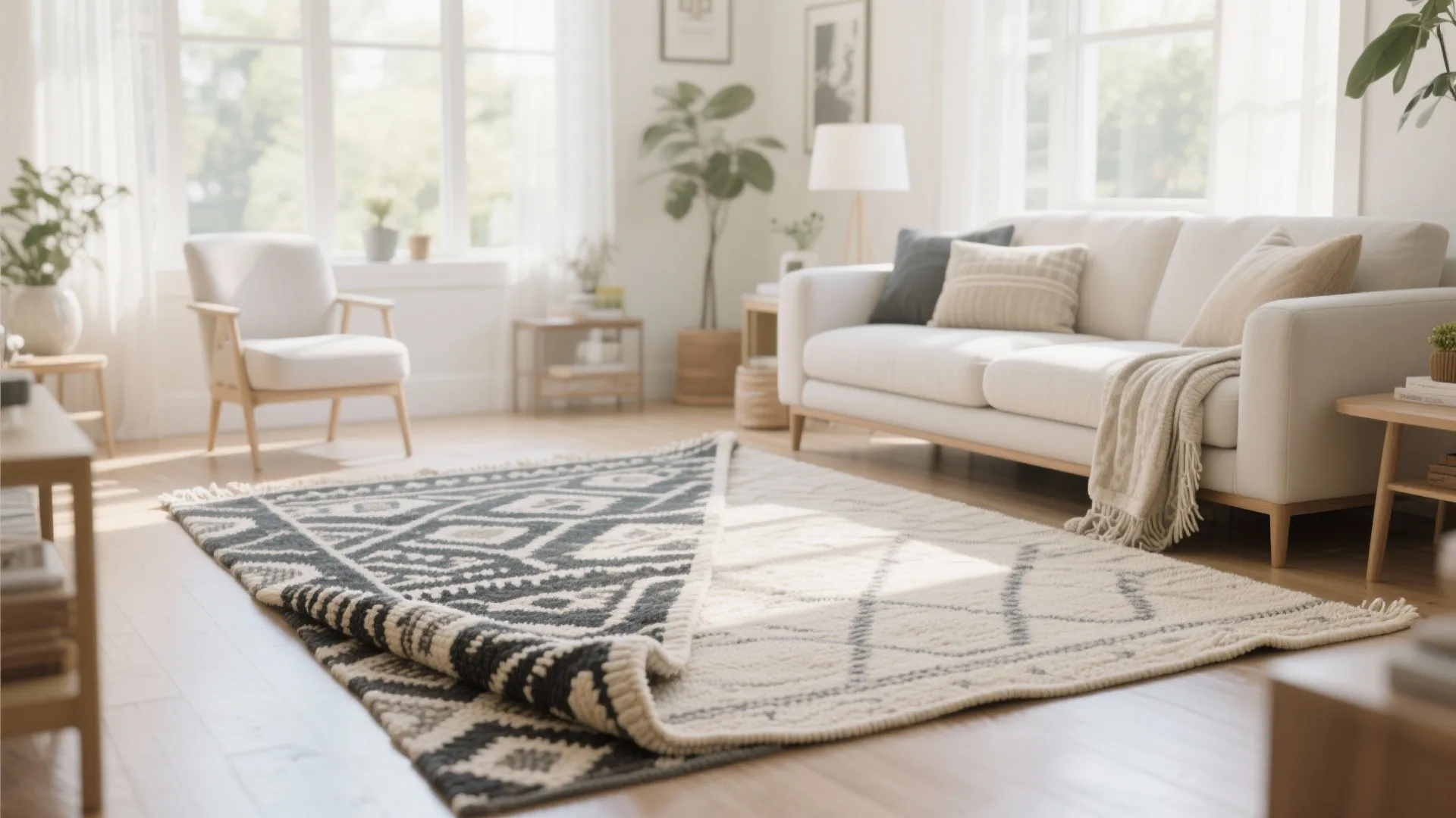 Bright living room with white sofa and a geometric pattern rug showing its reversible sides
