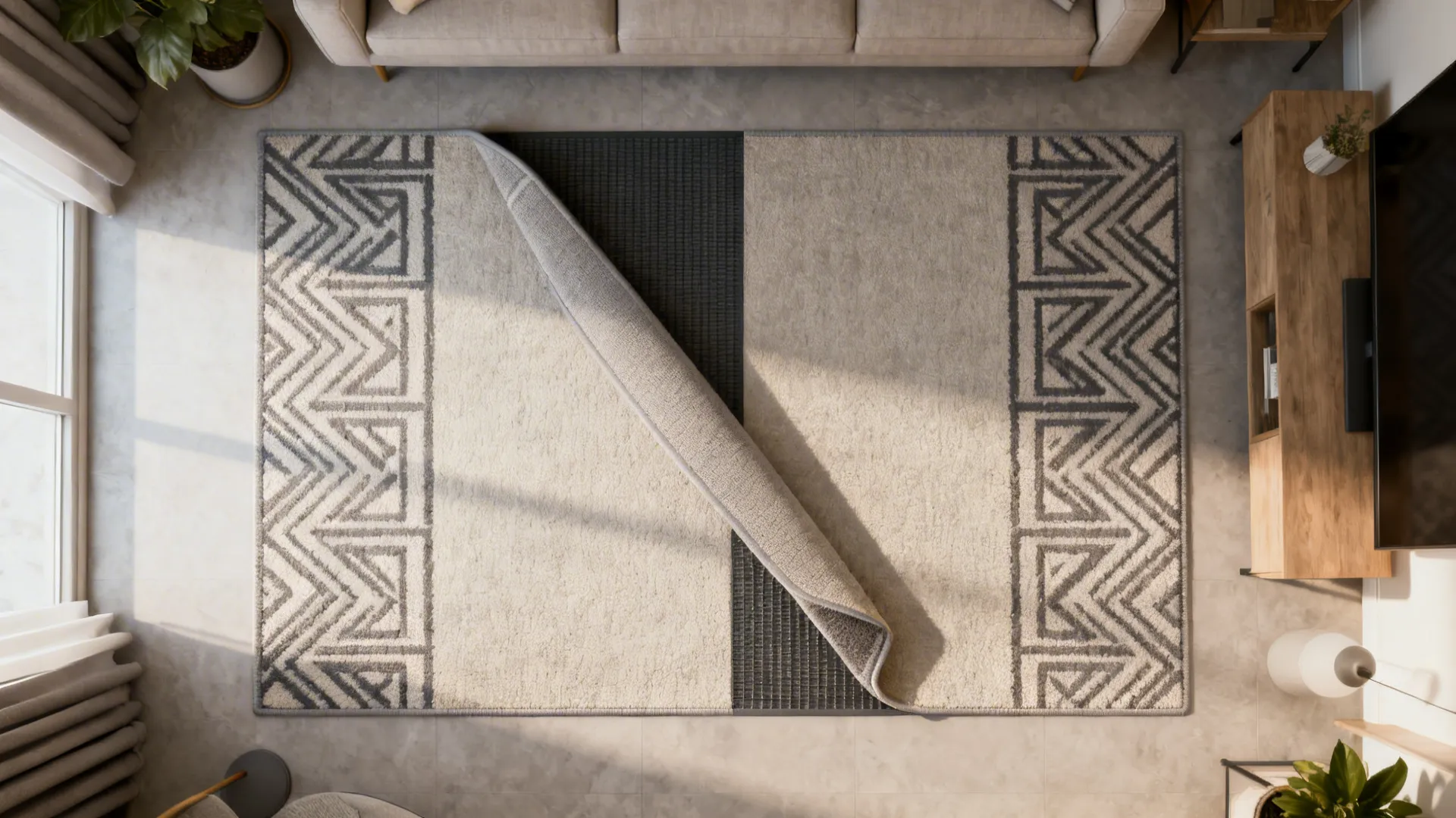 Top view of a geometric patterned rug being flipped over in a modern living room