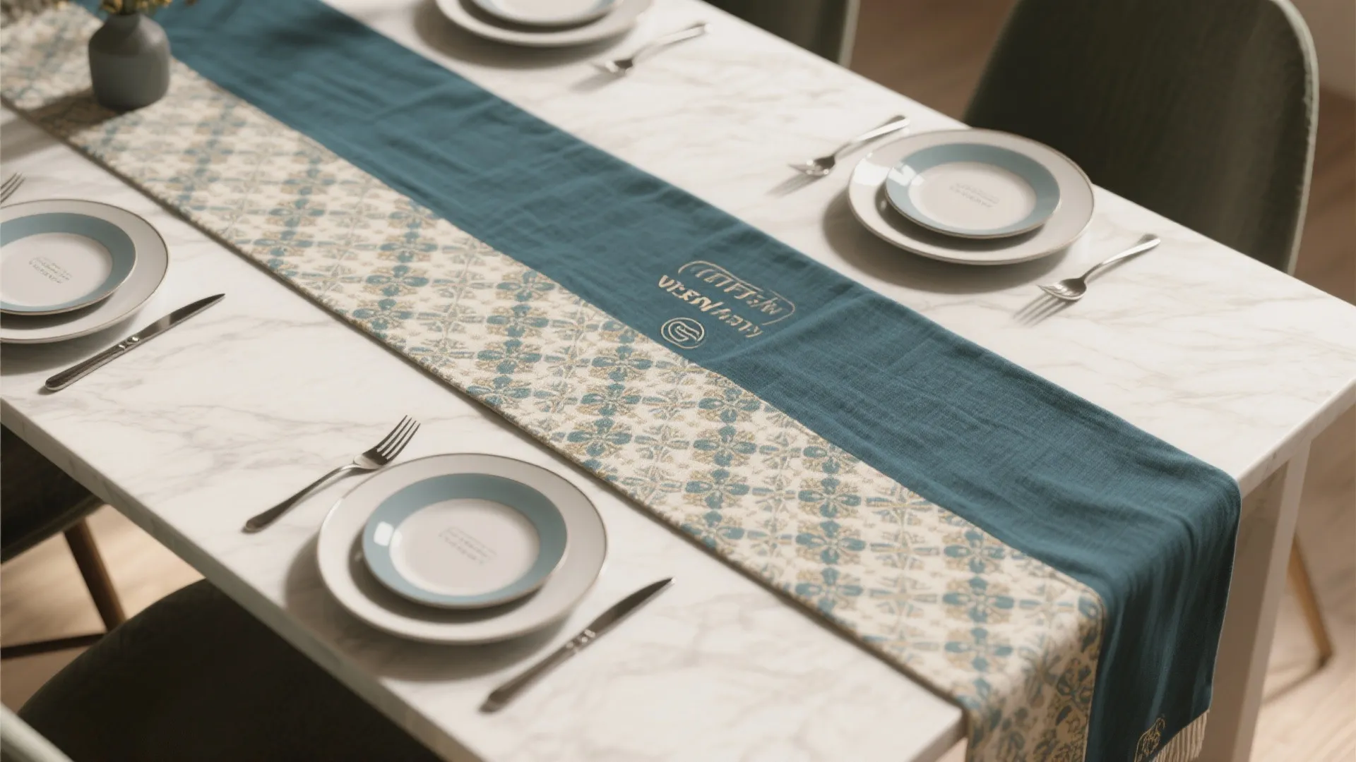 Dining table with teal and cream pattern runner set with white plates and silver cutlery