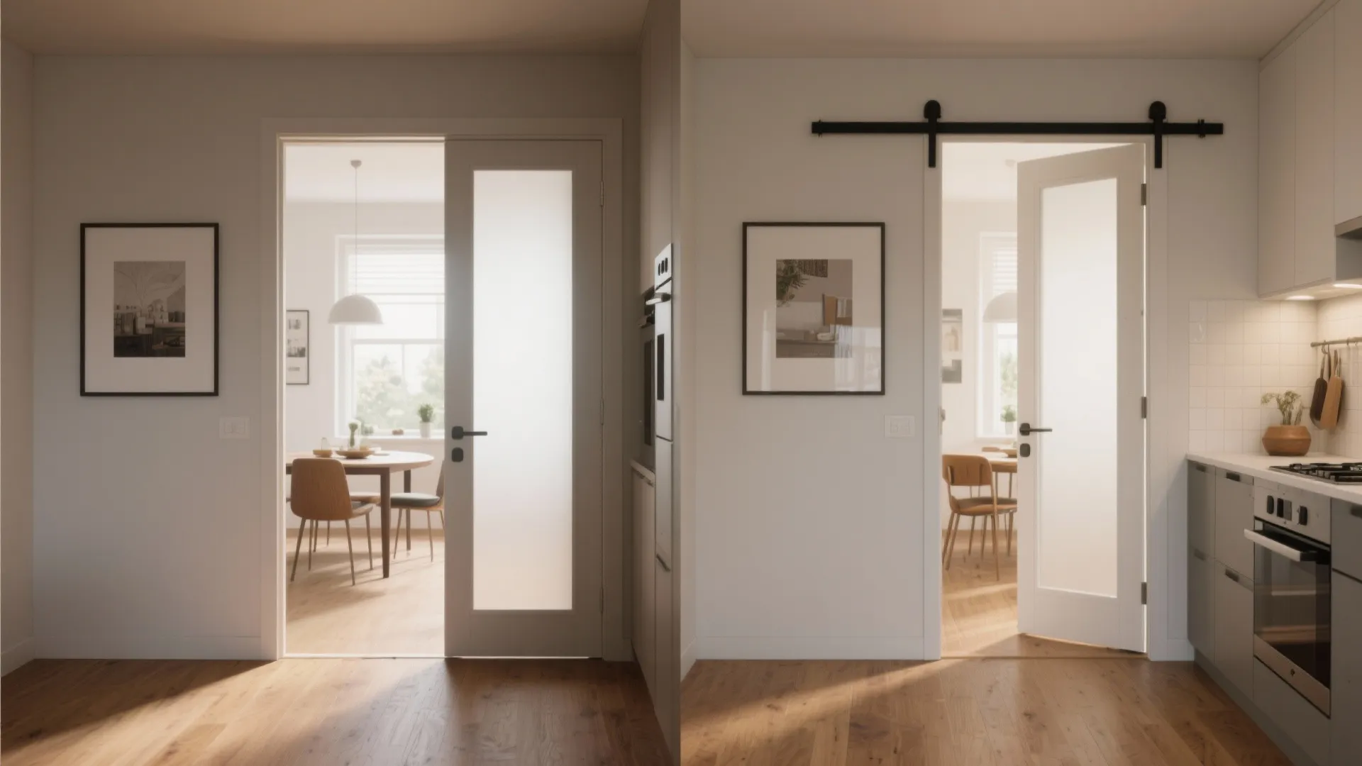 Small kitchen doorway demonstrating reversible swing door options with two swing directions.