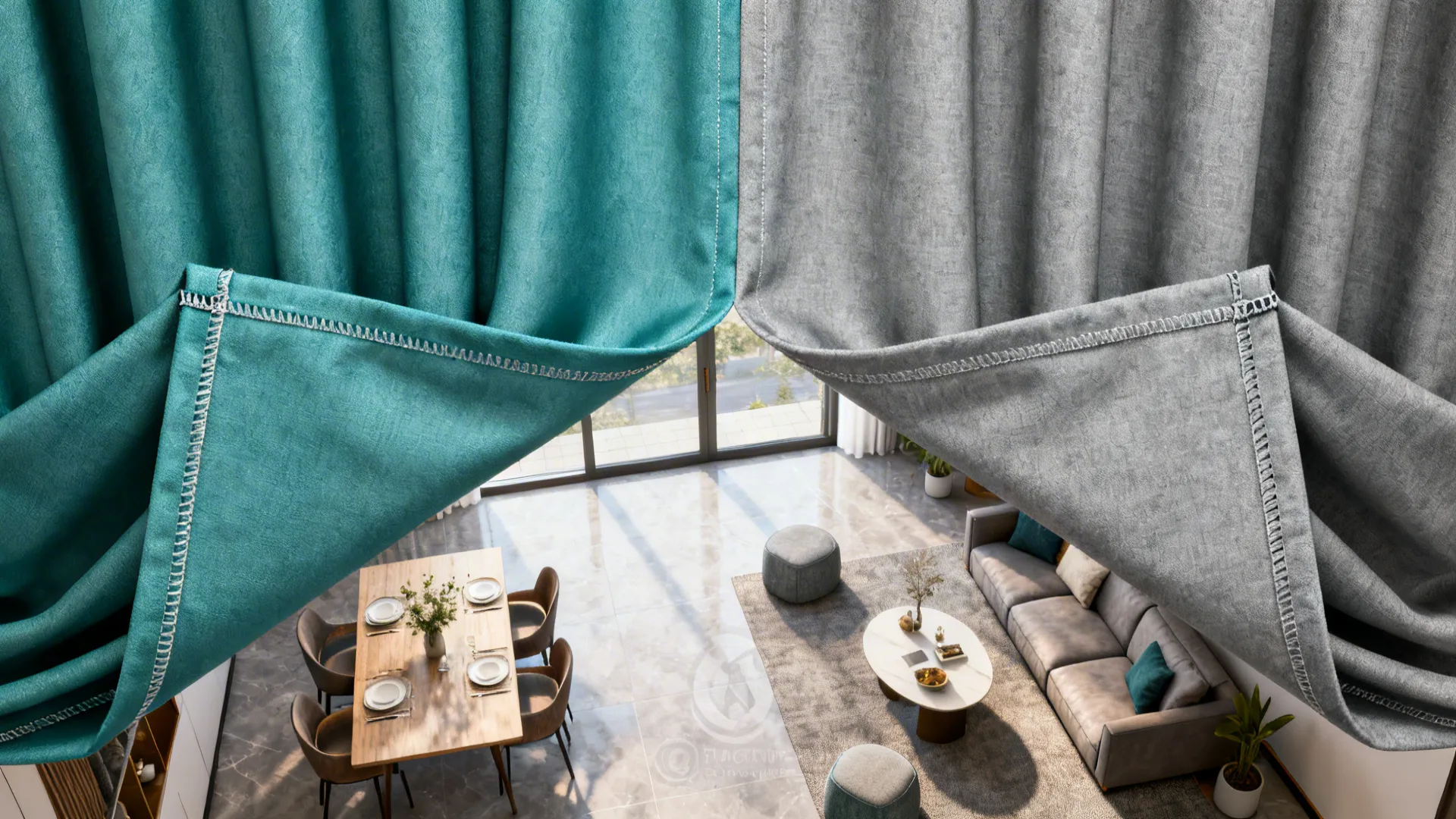 Reversible curtains showing teal on one side and gray on the other, with clean seams.