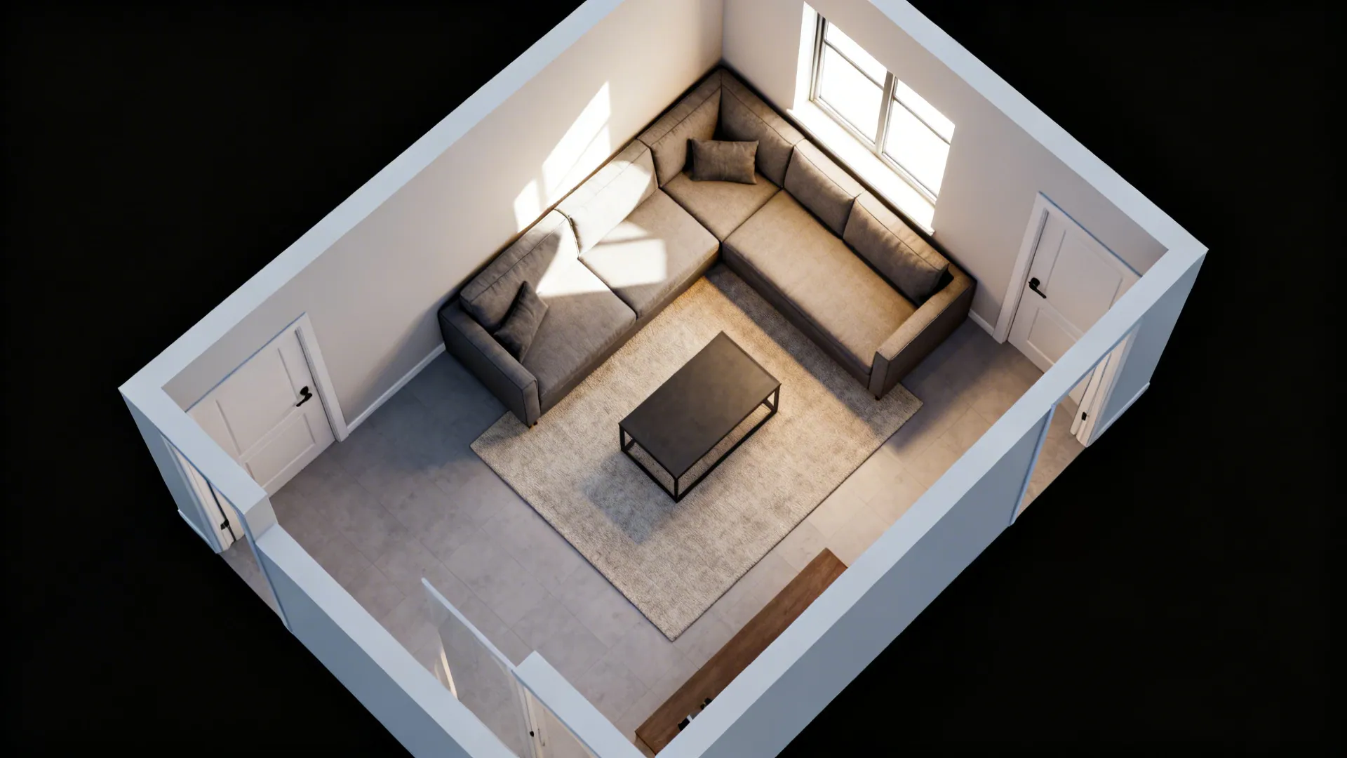 Top-down view showing two chaise positions with clear walkways in a compact room.