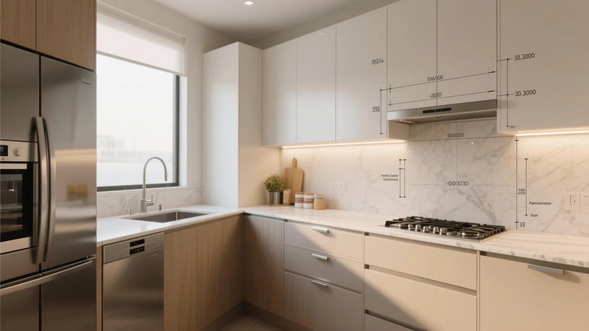 Modern kitchen interior design drawing showing white cabinets marble backsplash sink and light wood cupboards