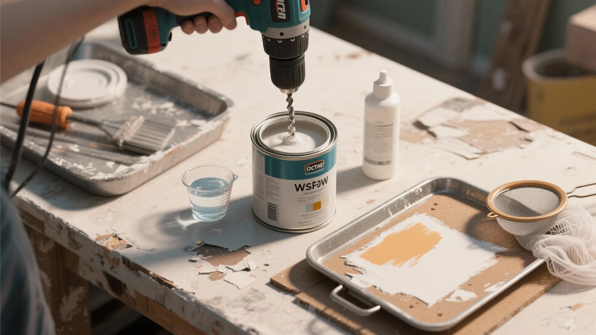 Electric power tool mixing white liquid paint inside a small can on a messy workbench