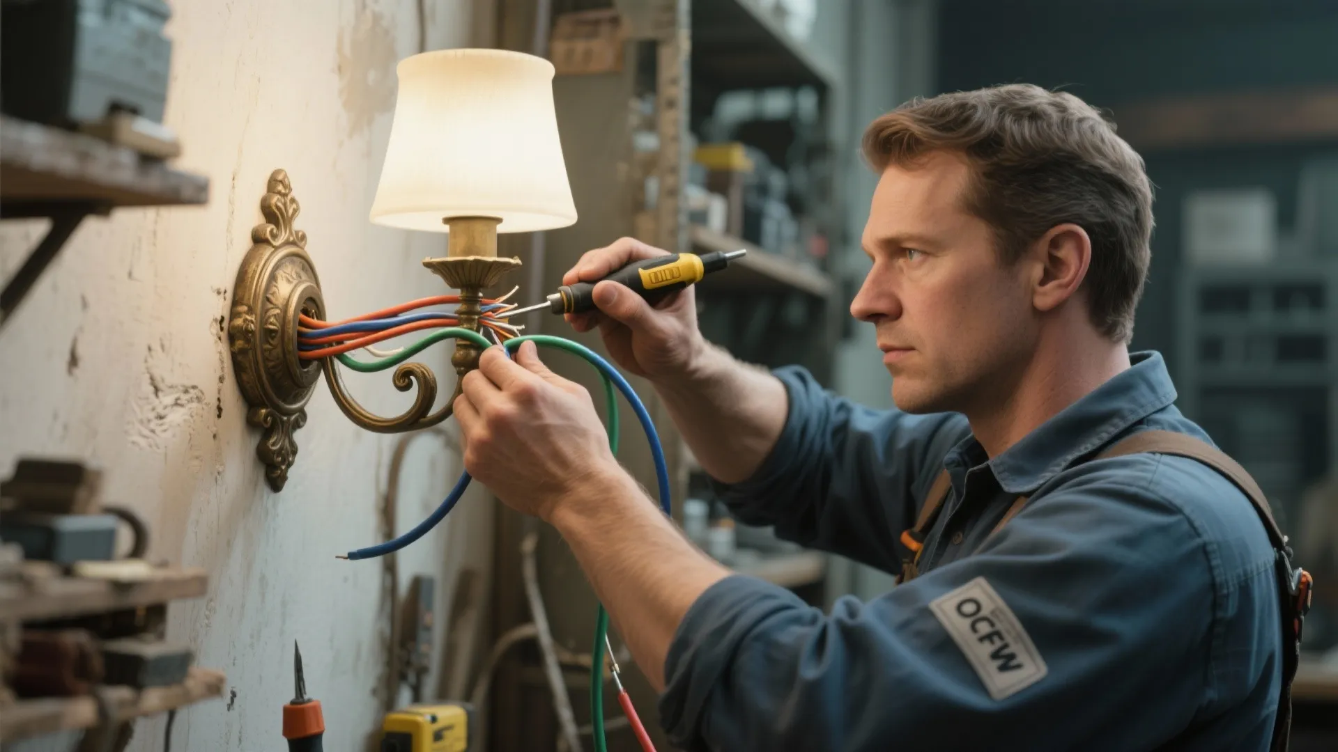 Licensed electrician carefully rewiring an antique wall sconce with modern cable and tools.